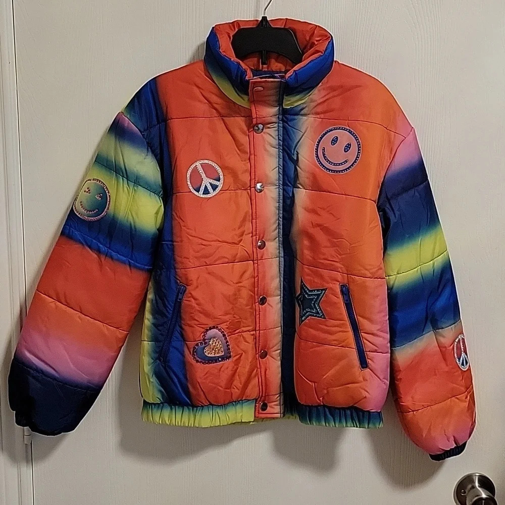 NWT Hannah Banana Girls Colorful Rainbow Coat Size 14 Zipper with Button Overlay